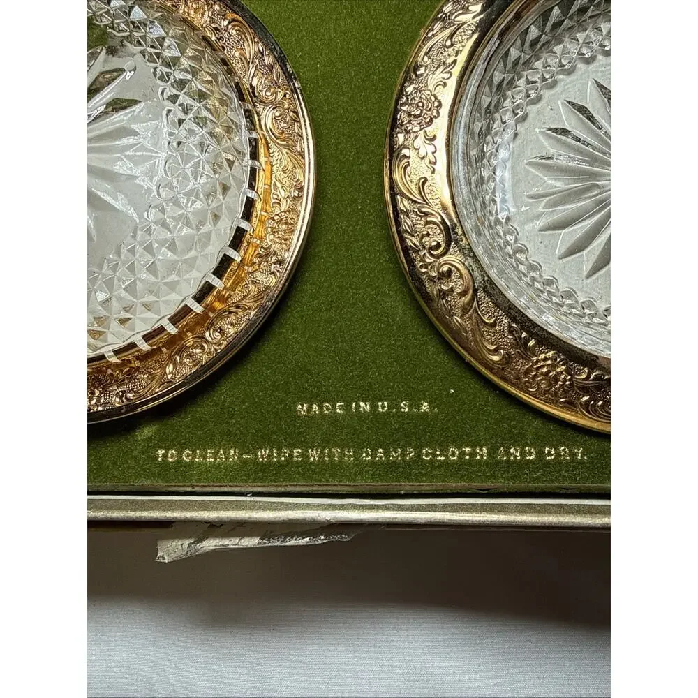 VTG Astorloid 24K Gold Plated Crystal Coasters Ashtrays Nut Dishes 4.5